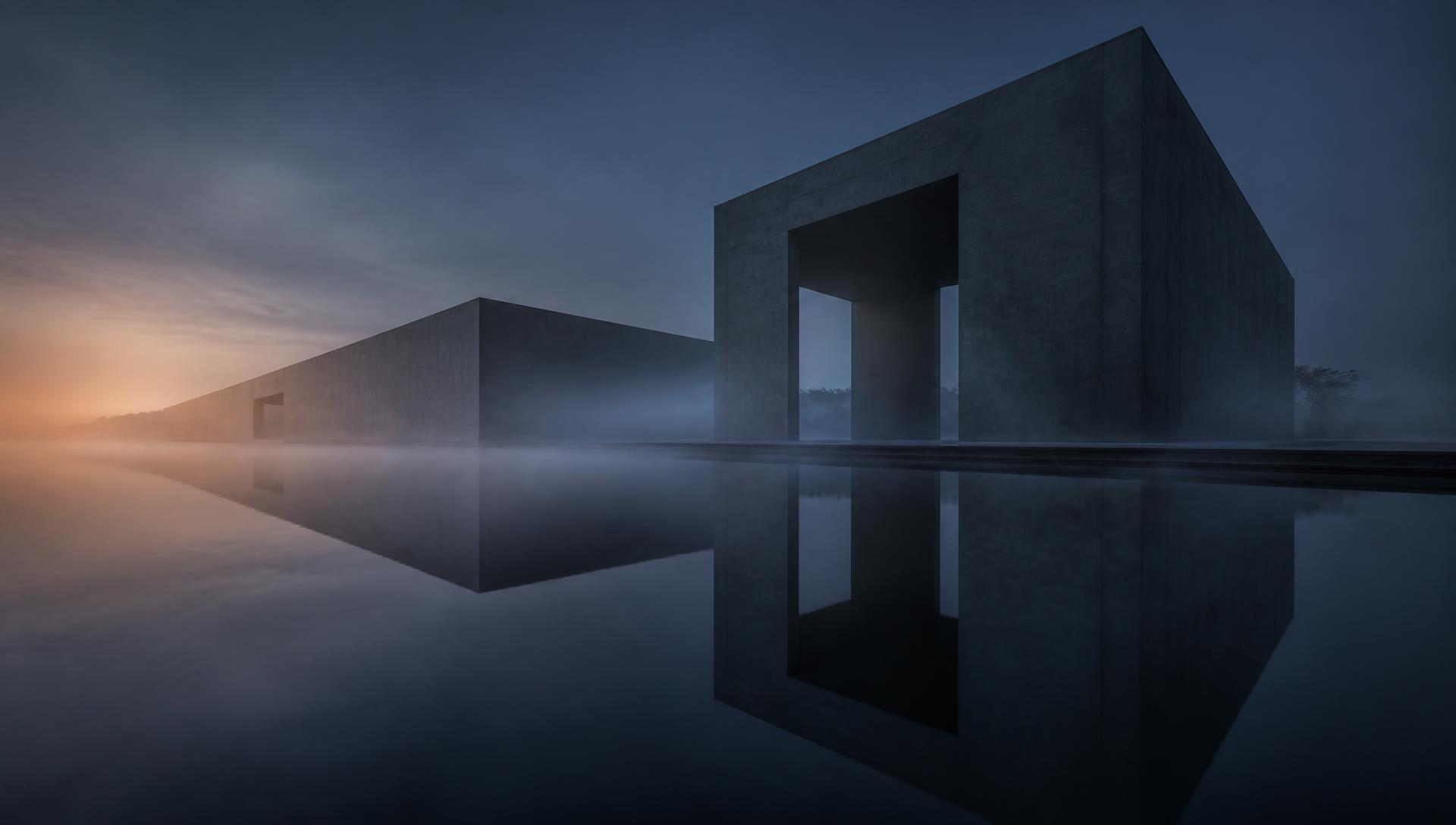 Minimalist concrete architecture reflected in still water at dawn